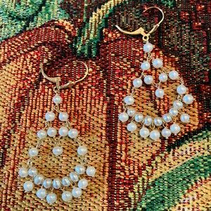 14 Karat Yellow Gold Chandelier Style Freshwater Pearl Lever Back Earrings